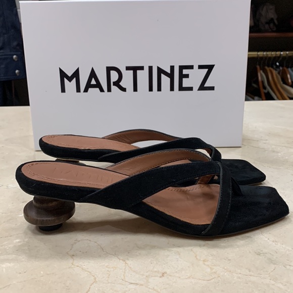 Souliers Martinez Shoes - SOULIERS MARTINEZ BLACK SUEDE SANDAL SCULPTED WOOD HEEL/GOLD SIZE 8 SPAIN 🇪🇸